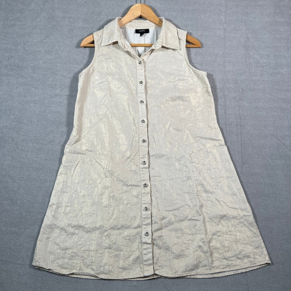 MSK Shimmer Linen Blend Sleeveless Button Front Shirt Dress Womens M Beige Gold